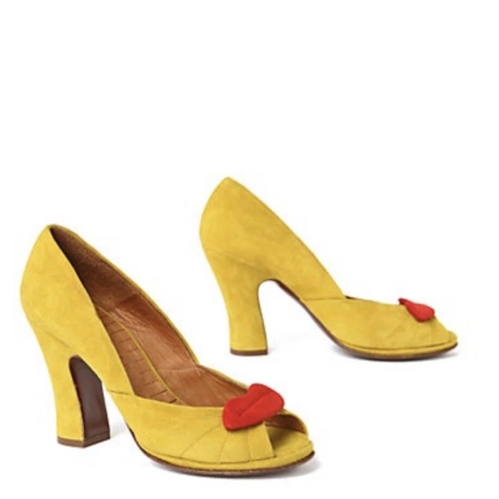Chie Mihara mustard suede heels with lips accent